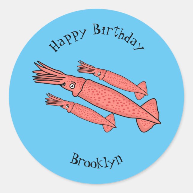 Pegatina Redonda Ilustracion personalizado de calamar rosa feliz (Anverso)