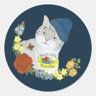 Pegatina Redonda Ilustracion Personalizado de gatito azul dulce