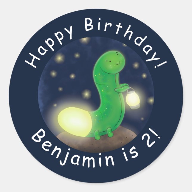 Pegatina Redonda Ilustracion personalizado de gusano de brillo verd (Anverso)