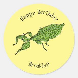 Pegatina Redonda Ilustracion personalizado de insectos de hoja verd
