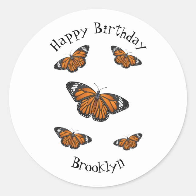 Pegatina Redonda Ilustracion personalizado de mariposa monarca (Anverso)