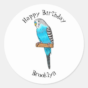 Pegatina Redonda Ilustracion personalizado de pájaro budgerigar azu