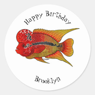 Pegatina Redonda Ilustracion personalizado de peces cíclicos de cue