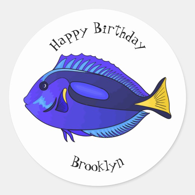 Pegatina Redonda Ilustracion personalizado de pescado tang azul (Anverso)