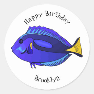 Pegatina Redonda Ilustracion personalizado de pescado tang azul