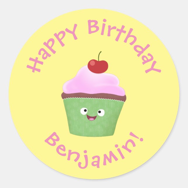 Pegatina Redonda Ilustracion personalizado de quequitos alegres (Anverso)