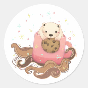 Pegatina Redonda Ilustracion Polar Bear & Coffee Break
