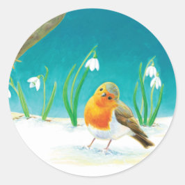 Pegatina Redonda Ilustracion Red Robin Bird y Snowdrop