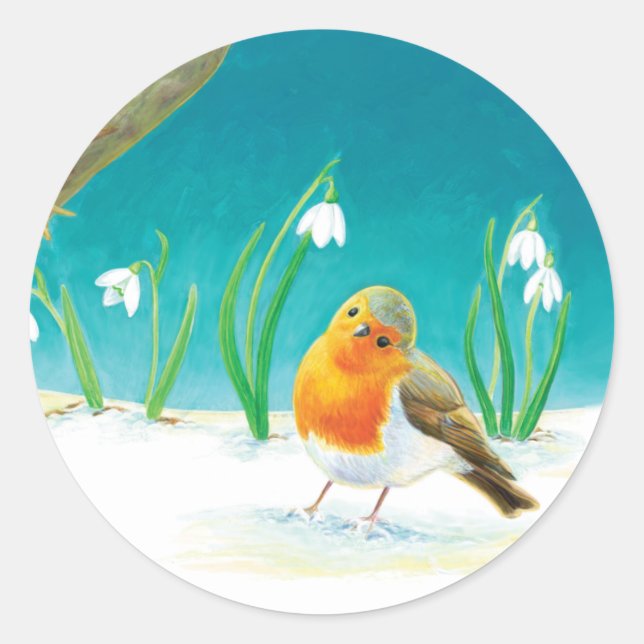 Pegatina Redonda Ilustracion Red Robin Bird y Snowdrop (Anverso)