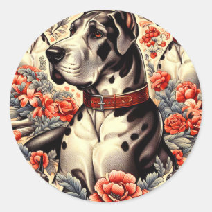 Pegatina Redonda Ilustracion Retro Great Dane