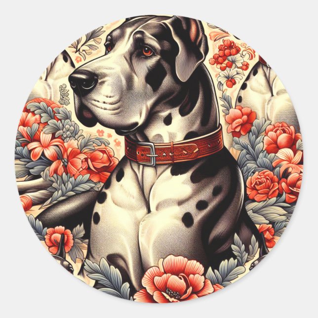 Pegatina Redonda Ilustracion Retro Great Dane (Anverso)
