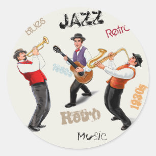 Pegatina Redonda Ilustracion retro musical de jazz
