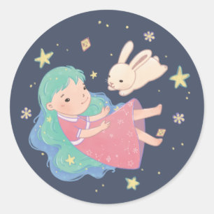 Pegatina Redonda Ilustracion Starry Night Bunny & Chica
