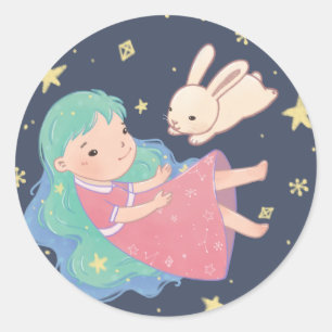 Pegatina Redonda Ilustracion Starry Night Bunny & Chica