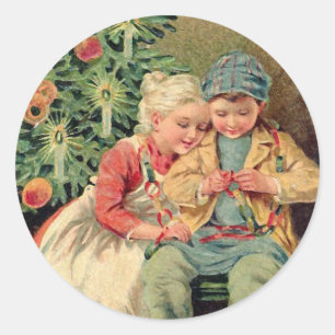 Pegatina Redonda Ilustracion victoriano sobre tarjetas de Navidad
