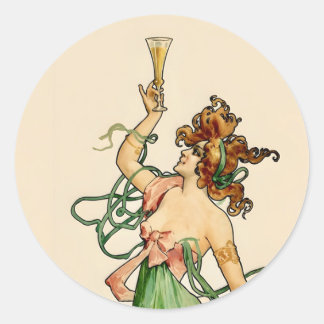 Pegatina Redonda Ilustración Vintage Art Nouveau de Dama de Champán