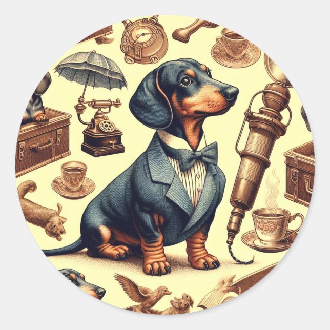 Pegatina Redonda Ilustracion Vintage Dachshund (Anverso)