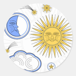 Pegatina Redonda Ilustracion Vintage Sun Moon and Stars