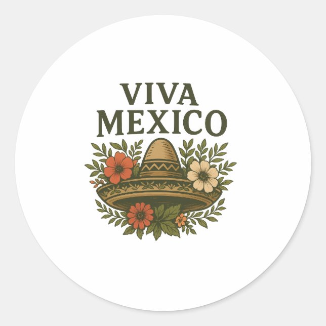Pegatina Redonda Ilustracion Viva México Floral Sombrero (Anverso)