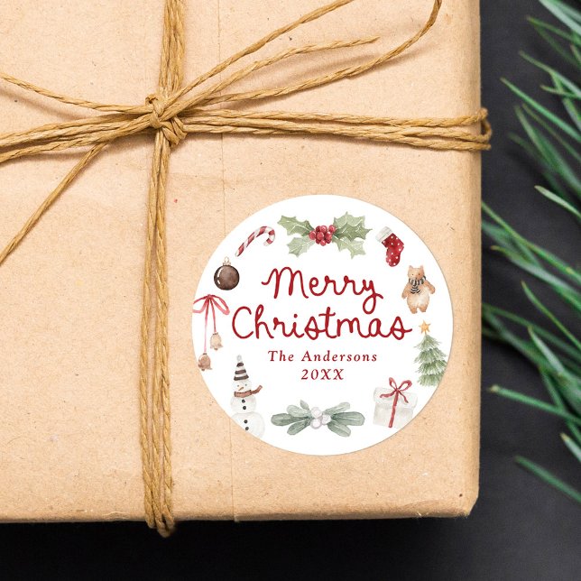 Pegatina Redonda Ilustraciones Adorables de Acuarela Feliz Navidad (Subido por el creador)