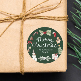 Pegatina Redonda Ilustraciones adorables de acuarela Navidad verde