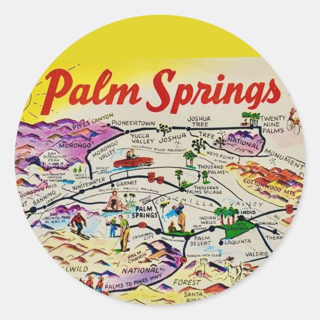 Pegatina Redonda Ilustrado Retro Palm Springs  (Anverso)