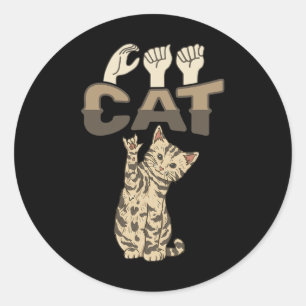 Pegatina Redonda ILY Cat ASL Hand Gesture Deaf Hearing Loss Awarene