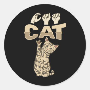 Pegatina Redonda ILY Cat ASL Hand Gesture Deaf Hearing Loss Awarene
