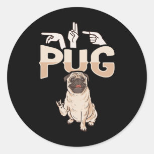 Pegatina Redonda ILY Pug ASL Hand Gesture Deaf Hearing Loss Awarene
