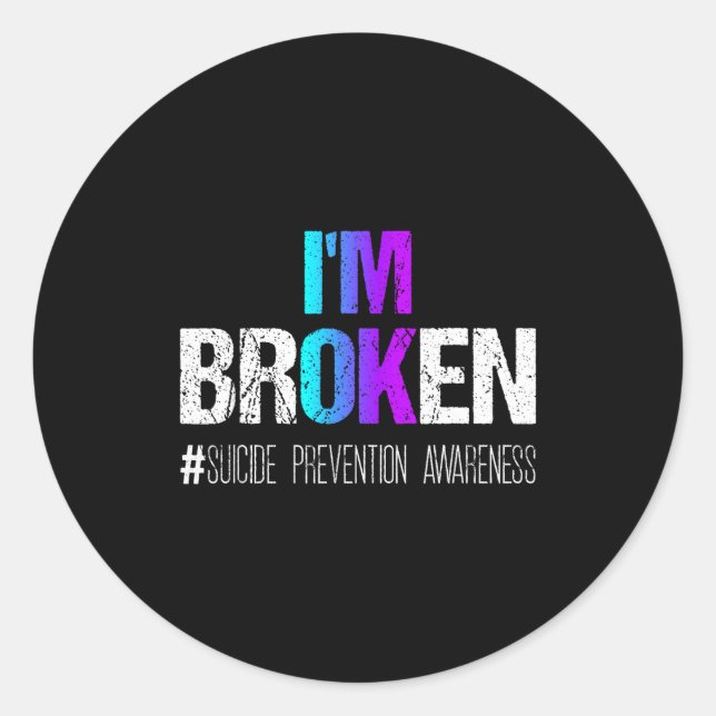 Pegatina Redonda I'm Broken Teal &amp; Purple Ribbon Suicide Preven (Anverso)