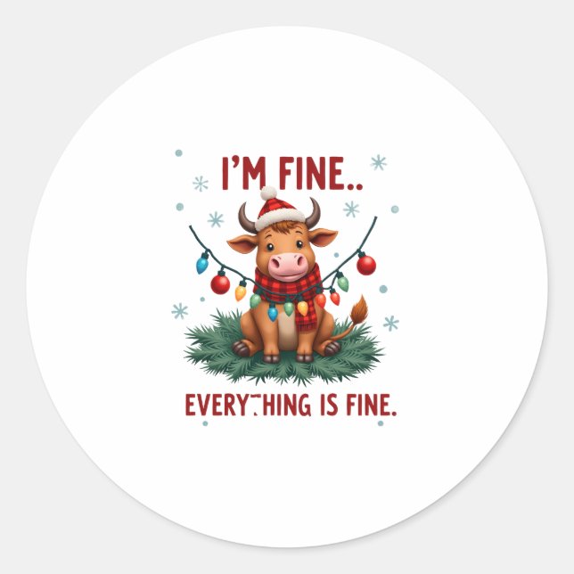Pegatina Redonda I'm Fine Everything is Fine Christmas Highland Cow (Anverso)