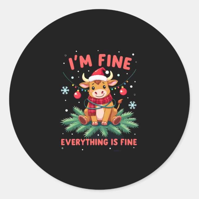 Pegatina Redonda I'm Fine Everything is Fine Christmas Highland Cow (Anverso)