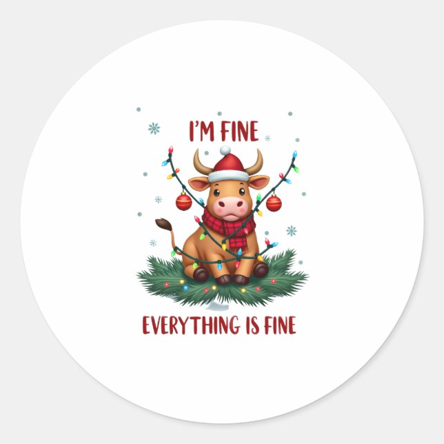 Pegatina Redonda I'm Fine Everything is Fine Christmas Highland Cow (Anverso)