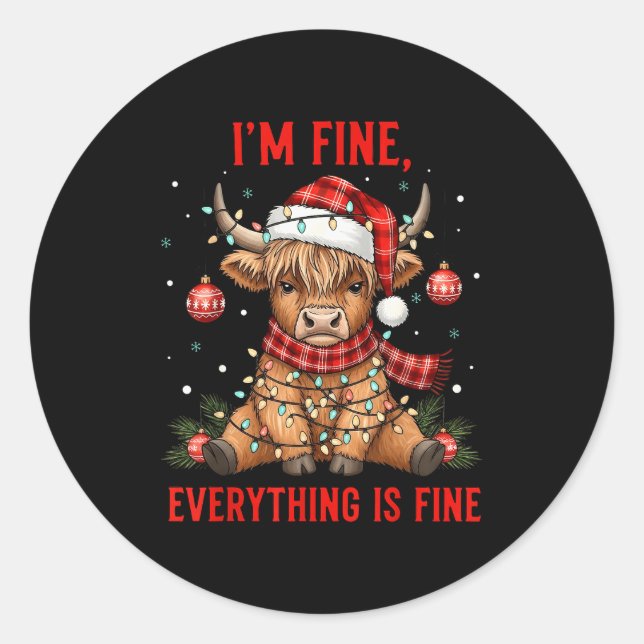 Pegatina Redonda Im Fine Everything Is Fine Funny Christmas Highlan (Anverso)
