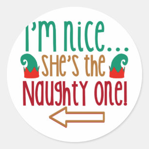 Pegatina Redonda Im Nice Shes Naughty Elf Gorra