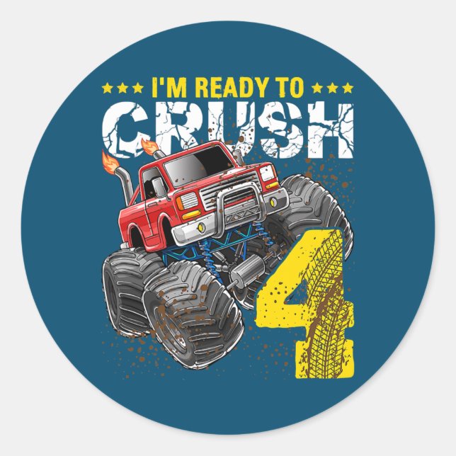 Pegatina Redonda I'm Ready To Crush 4 Monster Truck 4th Birthday (Anverso)