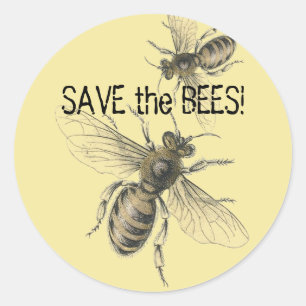 Pegatina Redonda Imágenes vintage de abejas para salvar las abejas