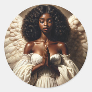 Pegatina Redonda Imán de ángel niña negra rezando