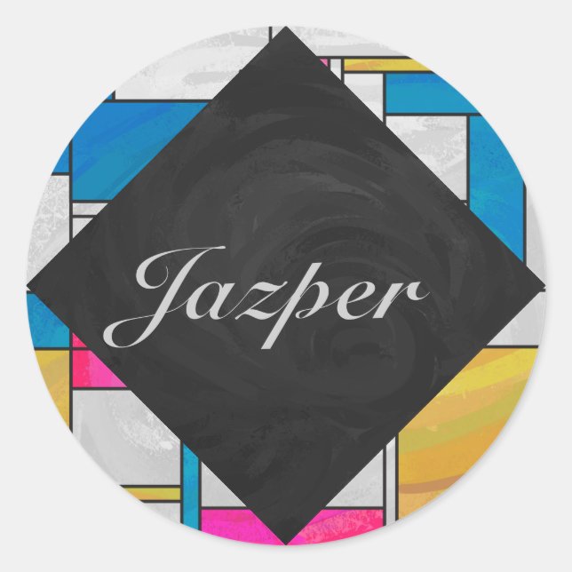 Pegatina Redonda Impresión azul rosa amarillo mondriano (Anverso)