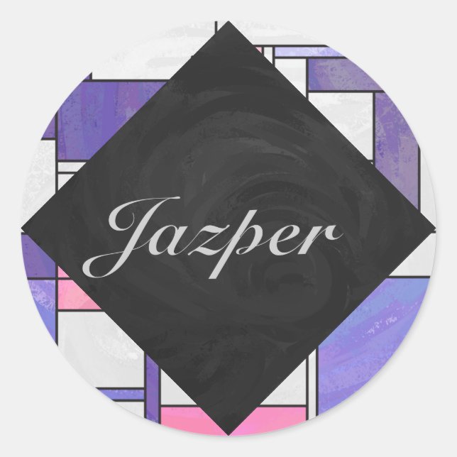 Pegatina Redonda Impresión blanca rosada morada mondriana (Anverso)