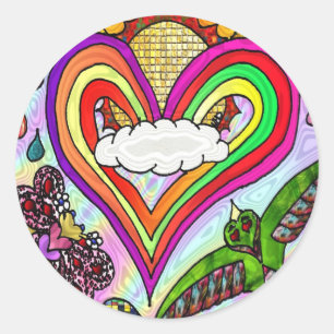 Pegatina Redonda Impresión de arte de corazón de arcoíris psicodéli