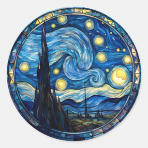 Pegatina Redonda Impresión de arte inspirada en la noche estrellada