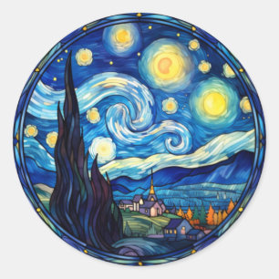 Pegatina Redonda Impresión de arte inspirada en la noche estrellada