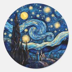 Pegatina Redonda Impresión de Arte Inspirada en Noche Estrellada Gi