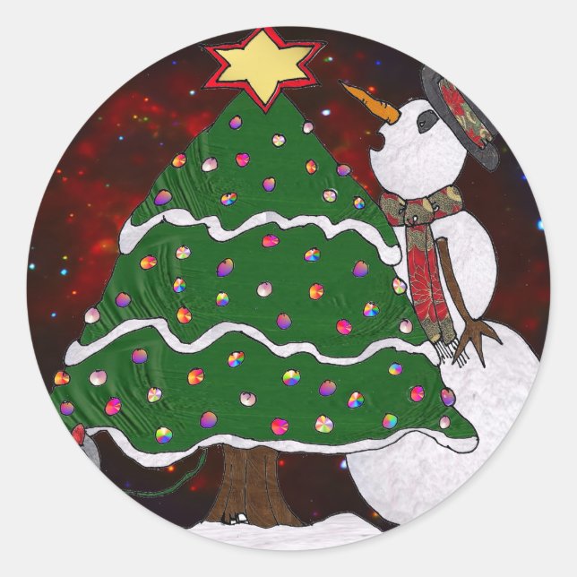 Pegatina Redonda Impresión de arte sorpresa para Snowman Tree Chris (Anverso)
