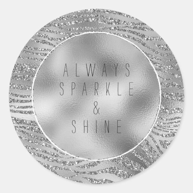 Pegatina Redonda Impresión de cebra de glitz plateado (Anverso)