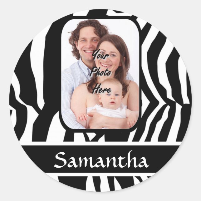 Pegatina Redonda Impresión de cebra en blanco y negro (Anverso)