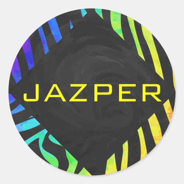 Pegatina Redonda Impresión de cebra negra y arco iris monograma (Anverso)