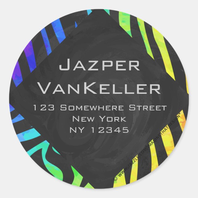 Pegatina Redonda Impresión de cebra negra y arco iris monograma (Anverso)