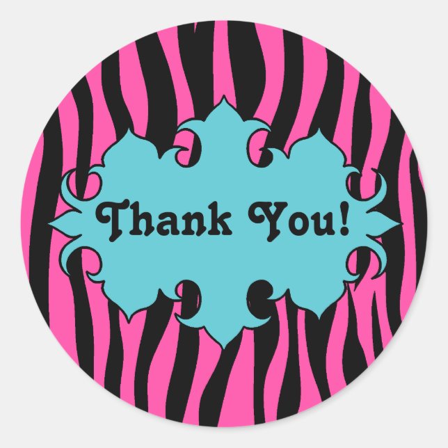 Pegatina Redonda Impresión de cebra rosa caliente con banderas azul (Anverso)